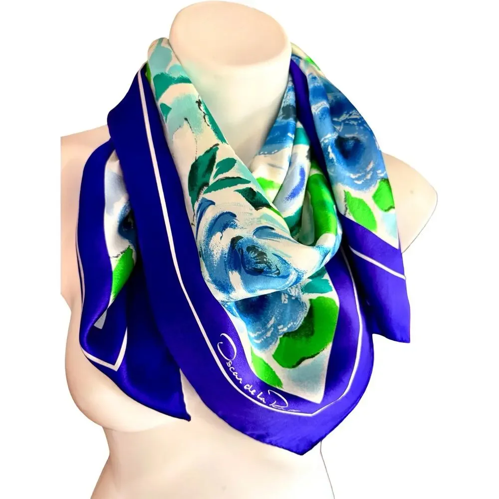 Vintage Oscar de la Renta Silk Scarf 1990s Blue Green Rose Floral 34x34 Square